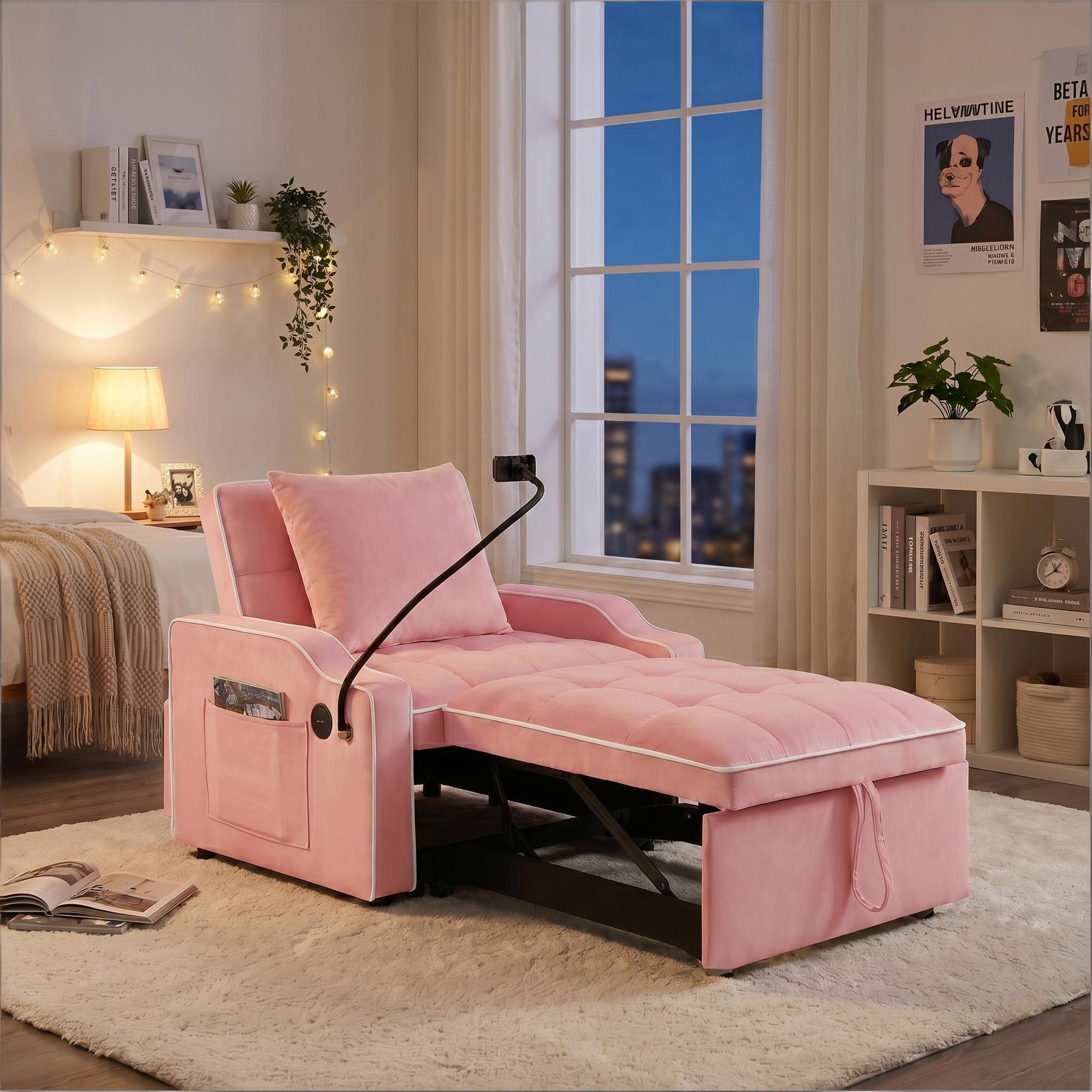 3-in-1 Convertible Sleeper Armchair with Adjustable Recliner Backrest, Phone Holder & USB/Type-C Ports Perfect for Living Room Bedroom,Small Space