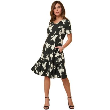 Roaman's Plus Size Stretch Knit Pocket Swing Dress - 30/32, Black Silhouette Floral