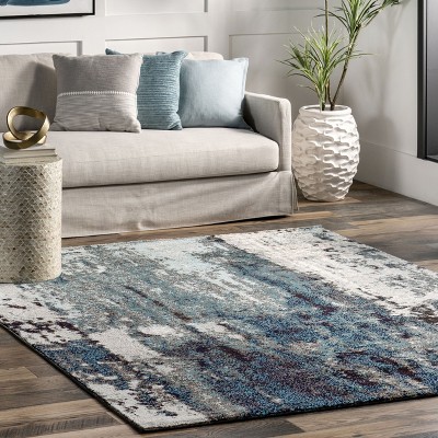 Blue Abstract Synthetic Easy Care Area Rug 6' 7" x 9'