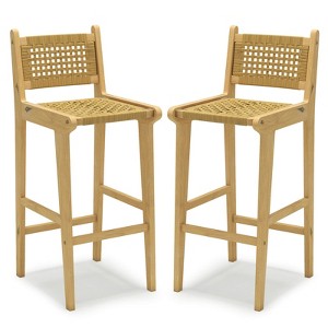 Costway 1/2/4 PCS Patio Teak Wood Bar Stool Outdoor Bar Height Chair with Rattan Backrest & Seat - 1 of 4