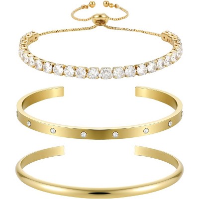 Yowivon Dainty 14K Gold Plated Bracelets for Women, Adjustable Slider Cuff Bangle Bracelets, Gold Curved Bar Hammered Bangle