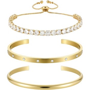 Yowivon Dainty 14K Gold Plated Bracelets for Women, Adjustable Slider Cuff Bangle Bracelets, Gold Curved Bar Hammered Bangle - 1 of 4