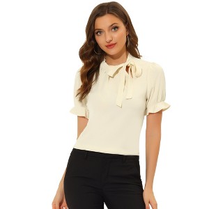 INSPIRE CHIC Women's Bow Tie Neck Solid Color Elastic Cuffs Elegant Office Short Sleeve Blouse - 1 of 4