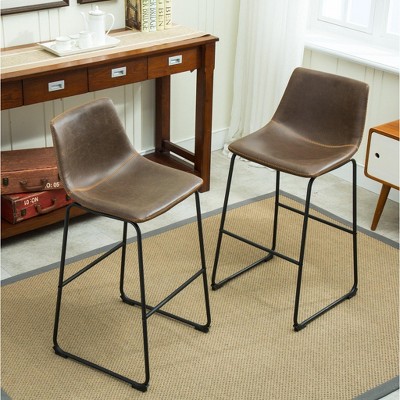 Antique Brown Leather and Black Metal Bar Stools, Set of 2