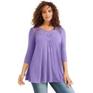 Roaman's Women's Plus Size Lace Embellished Swing Ultra Femme Top - 1 of 4