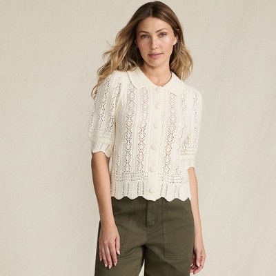 Lands' End Women's Lace Pointelle Puff Sleeve Cardigan Sweater