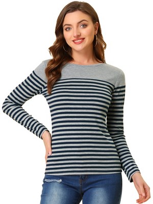 INSPIRE CHIC Women's Color Block Round Neck Long Sleeves Striped Basic T-Shirt