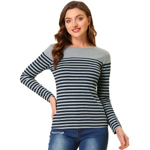INSPIRE CHIC Women's Color Block Round Neck Long Sleeves Striped Basic T-Shirt - 1 of 4