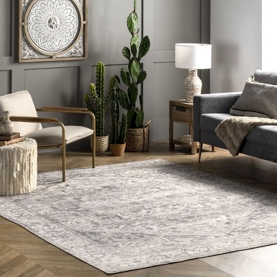 Gray Square Vintage Medallion Washable Area Rug