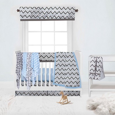 Bacati - Ikat Dots Zebra Blue Grey Boys 10 pc Crib Set with Long Rail Guard Cover & 4 Muslin Swaddling Blankets