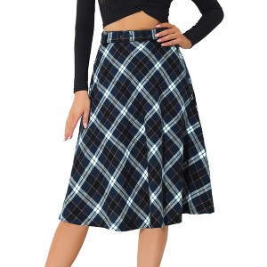 INSPIRE CHIC Women's Tartan Plaid High Waist Belted Vintage A-Line Midi Skirt - 1 of 4
