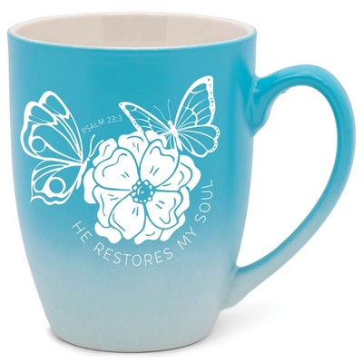 Elanze Designs He Restores My Soul Psalm 23:3 Two Toned Ombre Matte Pale Blue and White 12 ounce Ceramic Stoneware Coffee Cup Mug