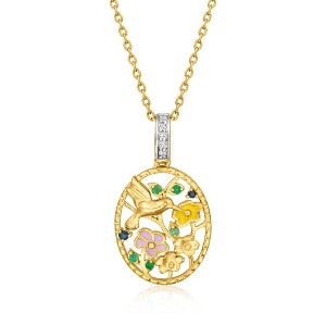 Ross-Simons Emerald and Sapphire Hummingbird Floral Pendant Necklace With Multicolored Enamel and Diamonds in 18kt Gold Over Sterling Size 18 - 1 of 3