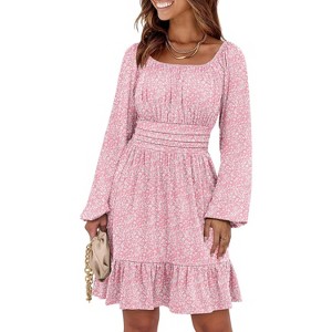 Long Lantern Sleeve Swing Dress with Square Neck & Ruffle Hem, Elastic Waist A-Line Short Dress for Women, Fall Fashion Floral Pink - 1 of 4