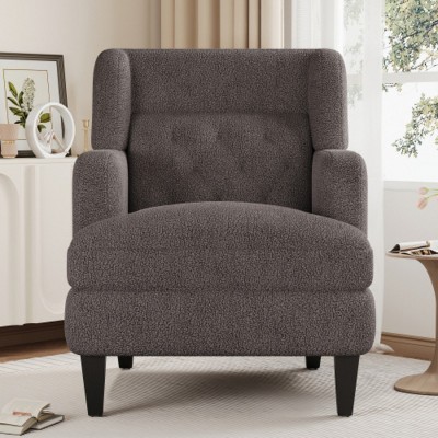 Modern Comfy Teddy Fabric Upholstered Arm Chair,Button Tufted High Back Padded Sofa with Birch Legs,Living Room Bedroom Lounge Chair-Coolbibila