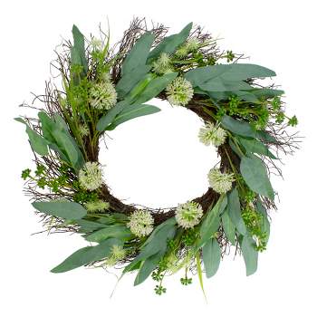 Northlight Olive Leaf and Floral Twig Spring Wreath, Green and White 23"
