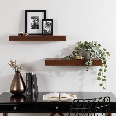 Mid-Century Modern Walnut Brown Solid Wood Floating Shelves, Set of 2
