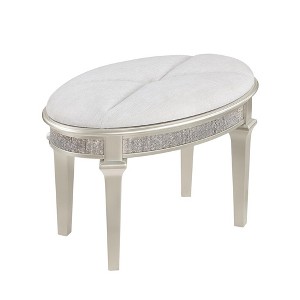 Simple Relax Upholstered Oval Vanity Stool with Faux Diamond Trim in Silver and Ivory - 1 of 4