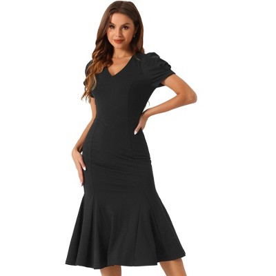 Allegra K Women's Vintage V Neckline Puff Short Sleeve Elegant Mermaid Midi Dress