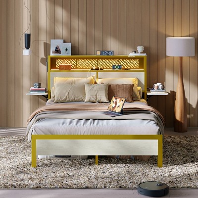 Bed Frame Metal Platform Bed with LED Storage Headboard Charge Station