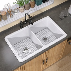 32 in Undermount Kitchen Sink Rectangular Double Bowl Kitchen Sink White Fireclay Workstation Drop Sinks Kitchen - 1 of 4