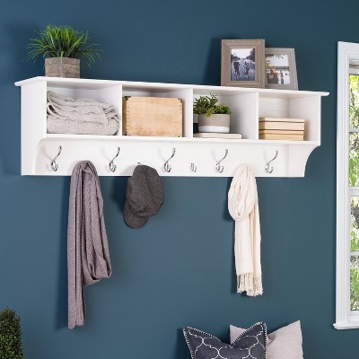 Expansive White Laminated Entryway Hanging Shelf with Hooks