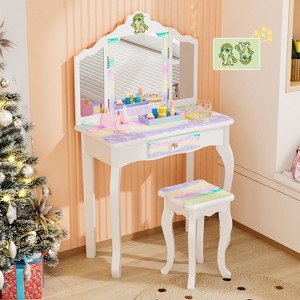 JOYMOR Luminous Unicorn Kids Vanity, 2-in-1 Toddler Vanity, w/Tri-Fold Mirror, 1 Drawer, Kids Vanity Table and Chair Set for Girls, Perfect Birthday - 1 of 4