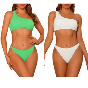 Elerevyo Women's One Shoulder Bikini Asymmetric Ribbed Triangle Bottoms Sporty Swimwear Bathing Suits 2 Sets - 1 of 4
