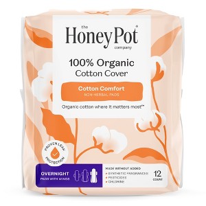 The Honey Pot Company, Non-Herbal Overnight Pads with Wings, Organic Cotton Cover - 12 ct - 1 of 4