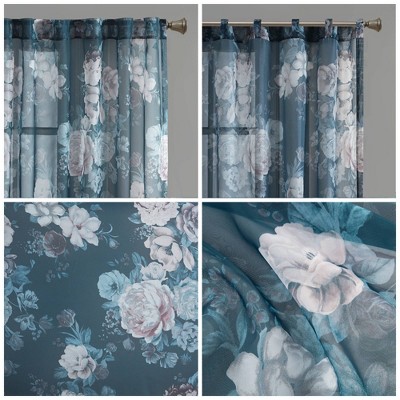 Navy Floral Sheer Rod Pocket Back Tab Curtain Panel