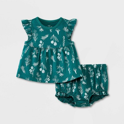 Image of Baby Girls' Green Floral Top & Bottom Set - Cat & Jack™ Green 6-9M