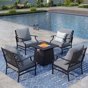 Captiva Designs 5pc Metal Patio Outdoor Conversation Fire Pit Set with Grid-back Armchairs for Garden, Poolside, Backyard - 1 of 4