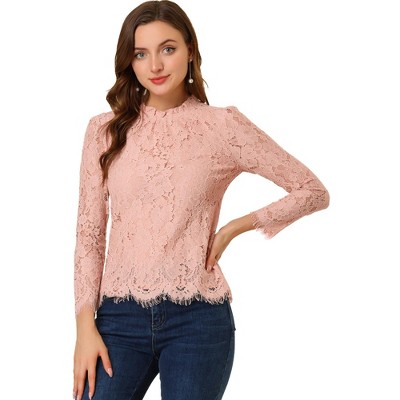 Allegra K Women's Lace Long Sleeve Keyhole Back Ruffle Neck Floral Blouse