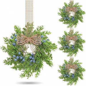 12 Pcs Small Vintage Cabinet Wreath Artificial Blue Berry Kitchen Wreaths with Retro Burlap Ribbon Farmhouse Rustic Front Door - 1 of 4