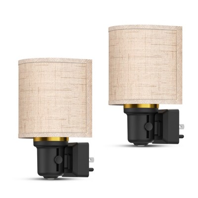 DORESshop 2-Pack 1W Plug-in Light Sensor Night Lights with Gold Fabric Shade, Black Base, Dimmable 2700K Warm White