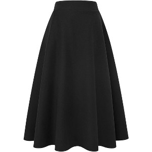 Women's Plaid Wool Skirt - Elastic Waist A-Line Pleated Tartan Long Skirt Long Pure Black - 1 of 4