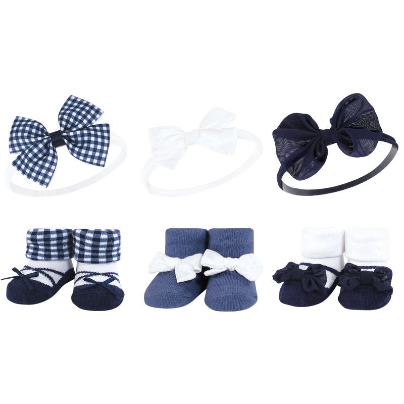 Hudson Baby Infant Girl 12Pc Headband and Socks Giftset, Navy Gingham, One Size, 2 of 3