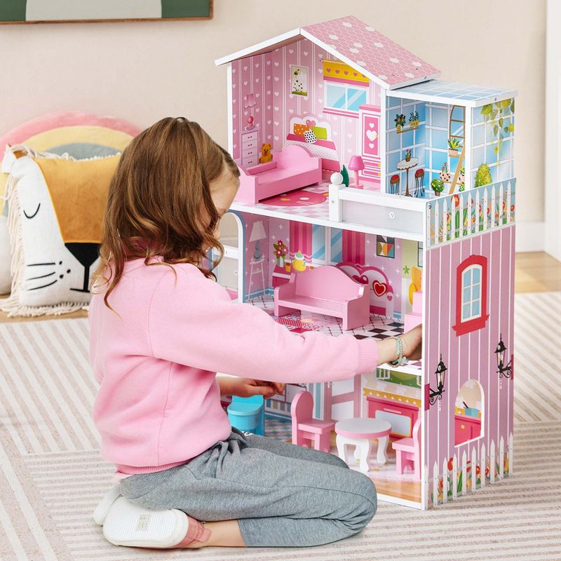 Costway Kids Wooden Dollhouse Playset with 5 Simulated Rooms & 10 Pieces of Furniture, 5 of 11