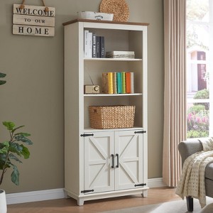 AMERLIFE Farmhouse 5 Shelf Bookshelf Storage Cabinet with Adjustable Shelves & Barn Door, Rustic White - 1 of 3