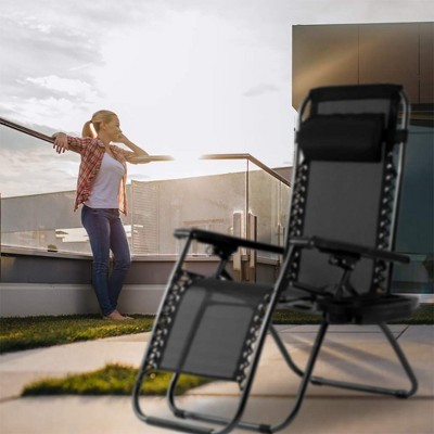 Black Steel Zero Gravity Reclining Outdoor Lounge Chairs with Cup Holder, Set of 2