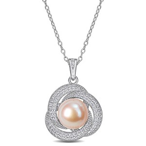EVERLY JEWELRY | Sterling Silver 10.5-11mm Pink Cultured Freshwater Pearl and 3/4 CT TGW Cubic Zirconia Interlaced Halo Necklace, 18" - 1 of 4