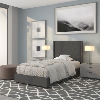 Dark Gray Twin Upholstered Platform Bed with Nailhead Trim