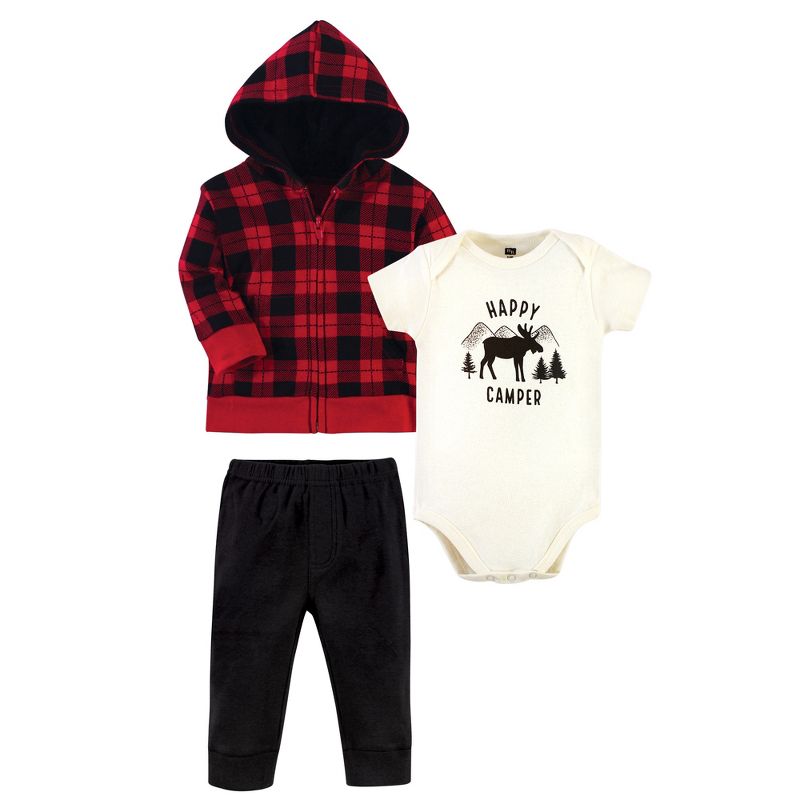 Hudson Baby Infant and Toddler Boy Cotton Hoodie, Bodysuit or Tee Top and Pant Set, Plaid Moose Baby, 1 of 4