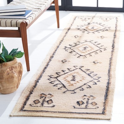 Ivory and Black Wool Tribal Runner Rug, 2'3" x 9'