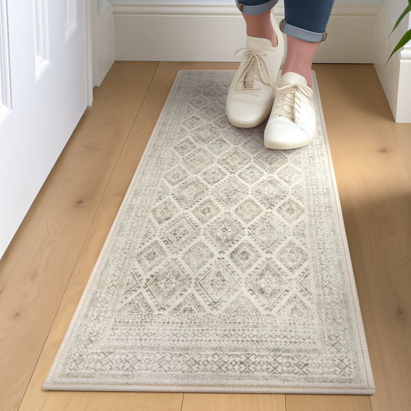 Well Woven Kings Court Sana Ivory & Grey - Non-Slip Rubber Backed Moroccan Diamond Rug - Perfect for Hallway, Entryway & Kitchen - Washable, Low Pile, 2 of 9