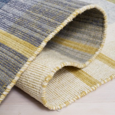 Beige and Teal Striped Wool Kilim Runner Rug