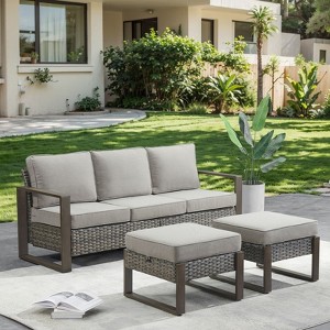 Gymojoy 3 Pieces Outdoor Patio Sofa Chair Ottoman Wicker Rattan Sofa Ottoman Set - 1 of 4