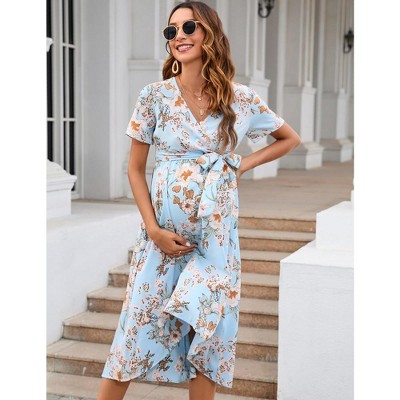 Whizmax Maternity Dress For Women Cross V Neck Wrap Dress Lantern Short/long  Sleeve Tie High Waist Dress A-line Flowy Dress With Belt Blue Flower 2xl :  Target