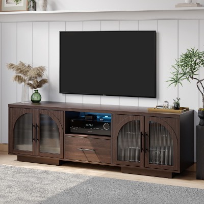 SOLACE FURNITURE 70" TV Stand for 80” TVs, Entertainment Center with LED Lights and Arched Glass Doors