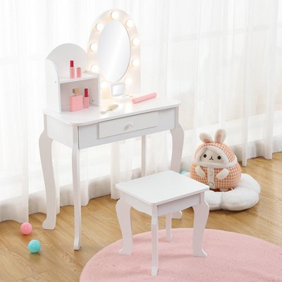 Kids Vanity Set with Touch Lighted Mirror, Pretend Play Girls Vanity Table and Chair Set with Mirror, Stool, and Wood Makeup Playset